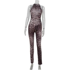 Leopard print sexy sleeveless hanging neck mesh patchwork jumpsuit pants