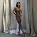 Leopard print sexy sleeveless hanging neck mesh patchwork jumpsuit pants