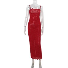 Sexy sleeveless camisole lace slit revealing slim spicy girl dress