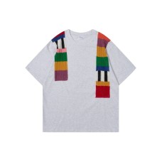 Colorful sweater contrasting splicing round neck loose short sleeved T-shirt