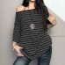 Striped sexy slanted neck off shoulder short sleeved t-shirt for women