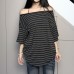 Striped sexy slanted neck off shoulder short sleeved t-shirt for women