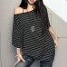 Striped sexy slanted neck off shoulder short sleeved t-shirt for women