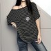 Striped sexy slanted neck off shoulder short sleeved t-shirt for women