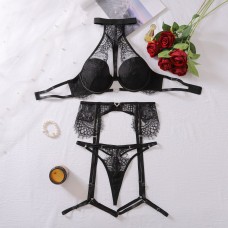 Lace hollow steel ring gathered neck hanging underwear three piece set