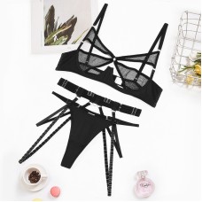 Mesh splicing mesh fabric hollow steel ring gathering sexy lingerie three piece set