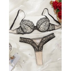 Embroidered patchwork mesh sexy bra with contrasting color design sexy lingerie two-piece set Embroidered patchwork mesh sexy bra with contrasting color design sexy lingerie two-piece set