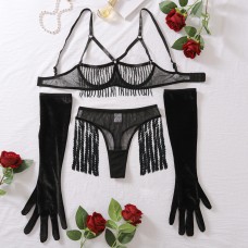 Sexy lingerie three piece set see through mesh glitter chain fun suit with gloves