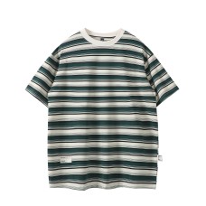 Contrast striped minimalist round neck loose short sleeved shirt