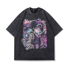 T-Shirt Cartoon Print Washed Small Collar Short Sleeve Tee Unisex
