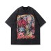 T-Shirt Cartoon Print Washed Small Collar Short Sleeve Tee Unisex