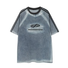 Retro Letter Embroidery Three-Stripe Color Block Denim Short Sleeve T-Shirt Men's Loose Casual Couple Top