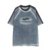 Retro Letter Embroidery Three-Stripe Color Block Denim Short Sleeve T-Shirt Men's Loose Casual Couple Top