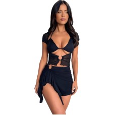 Sexy mesh printed short sleeved lace up irregular short skirt set