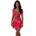 Sexy mesh printed short sleeved lace up irregular short skirt set
