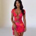 Sexy mesh printed short sleeved lace up irregular short skirt set