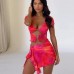 Sexy mesh printed short sleeved lace up irregular short skirt set
