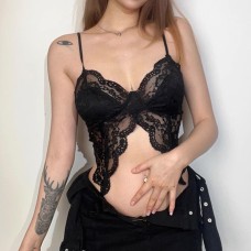 Pure and Sexy Lace Butterfly Tail Slit Boned Lingerie Camisole Low-Cut Thin Strap Top