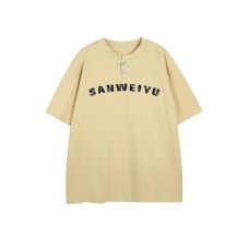 Letter label embroidery Henry collar men's and women's loose short sleeves Letter label embroidery Henry collar men's and women's loose short sleeves