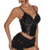 Spicy Girl Street Photography Lace PU Leather Splicing Beaded Tied Backless Halter Top