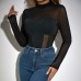 Cross-border Women's New Mesh Splicing Fitted Transparent Sexy  Export Jumpsuit 