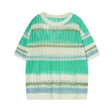 Retro Hollow Out Color Block Stripe Round Neck Short Sleeve T-Shirt Men's Loose Casual Design Couple Top