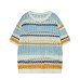 Retro Hollow Out Color Block Stripe Round Neck Short Sleeve T-Shirt Men's Loose Casual Design Couple Top