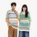 Retro Hollow Out Color Block Stripe Round Neck Short Sleeve T-Shirt Men's Loose Casual Design Couple Top