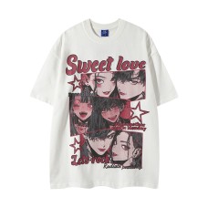Retro Couple Cartoon Comic Print Short Sleeve T-Shirt Men's Summer Loose Casual Versatile Couple Top Retro Couple Cartoon Comic Print Short Sleeve T-Shirt Men's Summer Loose Casual Versatile Couple Top