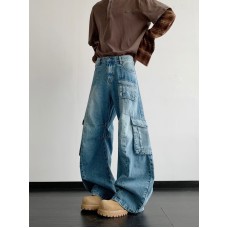 Multi pocket curved knife denim loose wide leg work pants