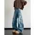 Multi pocket curved knife denim loose wide leg work pants