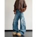 Multi pocket curved knife denim loose wide leg work pants
