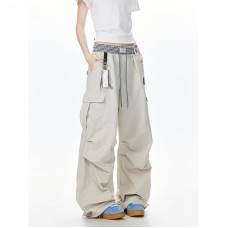 Grid splicing workwear quick drying paratrooper pants versatile wide leg pants