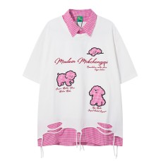Retro Cute Dog Collar Fake Two-Piece Short Sleeve T-Shirt Men's Loose Casual Versatile Couple Top Retro Cute Dog Collar Fake Two-Piece Short Sleeve T-Shirt Men's Loose Casual Versatile Couple Top
