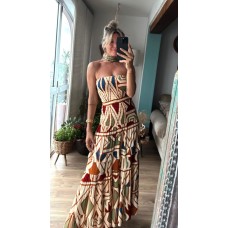 Vintage Bohemian Print Strapless Dress
