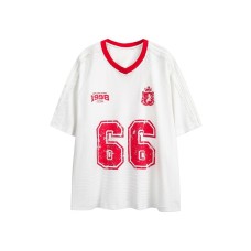Printed distressed contrasting V-neck design with mesh sports short sleeves