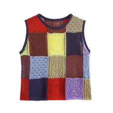 Fashionable  Style Women's Casual Round Neck Sleeveless Color Block Splicing Knitted Top