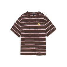 Smiling Embroidered Color blocked Stripe Loose Round Neck Short Sleeve