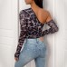 Leopard print spicy girl diagonal collar single shoulder slim fit jumpsuit for women
