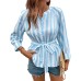 Striped lace up V-neck seven quarter sleeved shirt top for women