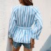 Striped lace up V-neck seven quarter sleeved shirt top for women