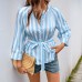 Striped lace up V-neck seven quarter sleeved shirt top for women