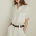 Linen Shirt V-neck Loose  Women's High-end Blouse Summer Wide Silhouette Short-sleeved Turn-down Collar Top