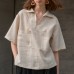 Linen Shirt V-neck Loose  Women's High-end Blouse Summer Wide Silhouette Short-sleeved Turn-down Collar Top
