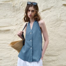 Elegant Retro V-Neck Halter Strapless Top Women Tencel Linen Large Backless Tie Sleeveless Blouse Linen Sexy Camisole Summer