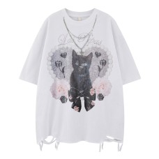 Hem Distressed Cat Print Chain Decorated Short Sleeve T-Shirt Unisex  Oversize Couple Top
