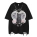 Hem Distressed Cat Print Chain Decorated Short Sleeve T-Shirt Unisex  Oversize Couple Top