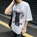 Hem Distressed Cat Print Chain Decorated Short Sleeve T-Shirt Unisex  Oversize Couple Top