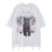 Hem Distressed Cat Print Chain Decorated Short Sleeve T-Shirt Unisex  Oversize Couple Top