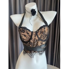 Sexy Lace Eyelash Fringe Underwire Design Strapless Halter Top Sexy Lace Eyelash Fringe Underwire Design Strapless Halter Top